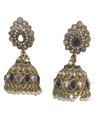 Navy Blue - Large - Antique Gold Finish Traditional Zhumki Earrings - Bollywood - Weddings - LX6389 P 0724